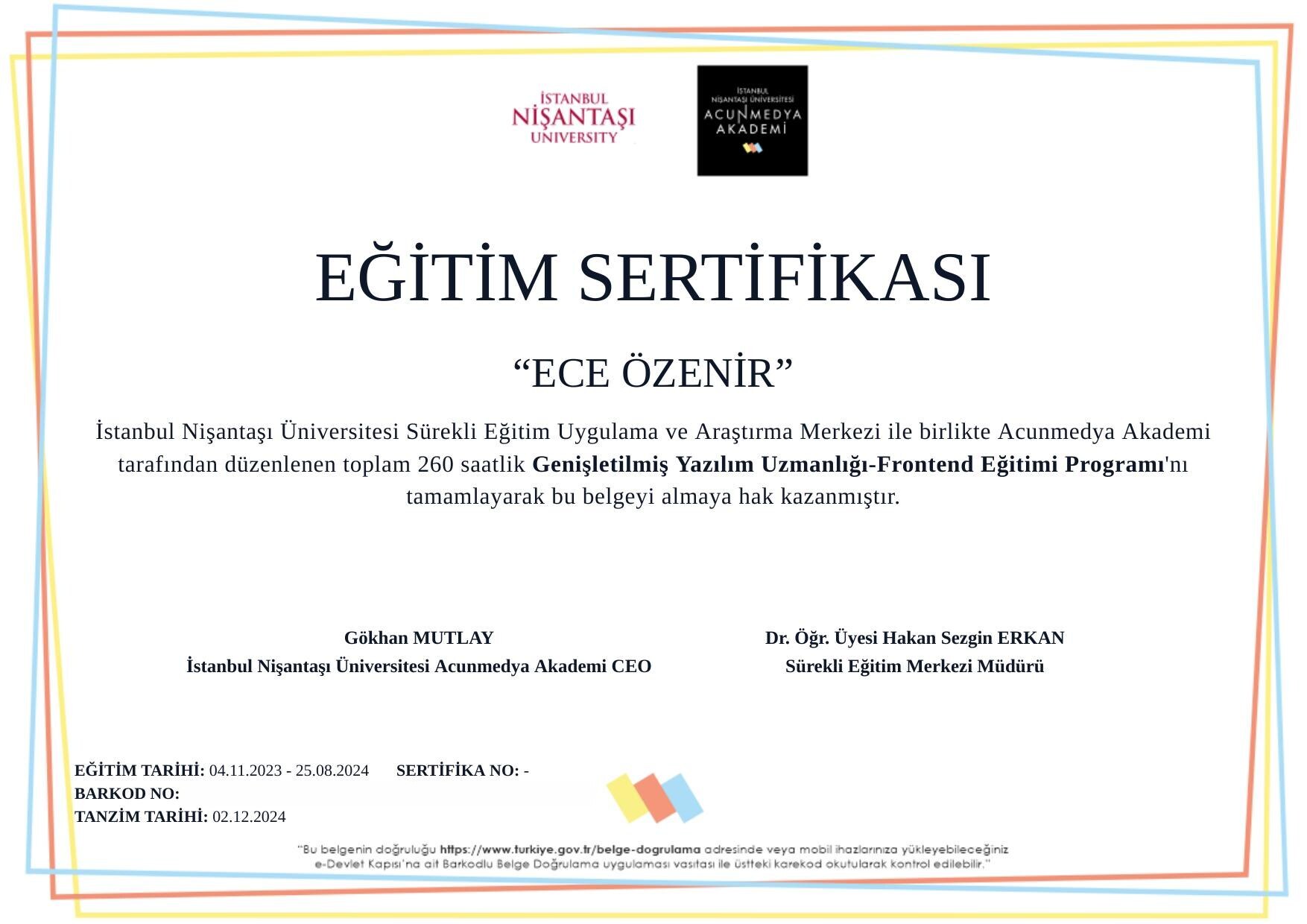 Frontend Yazılım Uzmanlığı sertifikası